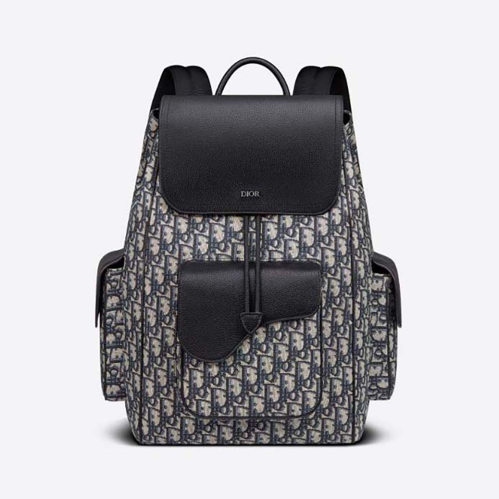 Front view of Dior Men Saddle Backpack Beige and Black Dior Oblique Jacquard