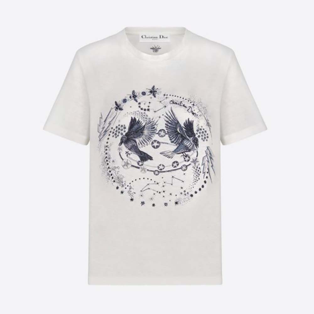 Front view of Dior Women T-shirt White Cotton Jersey and Linen with Black Gemini Motif