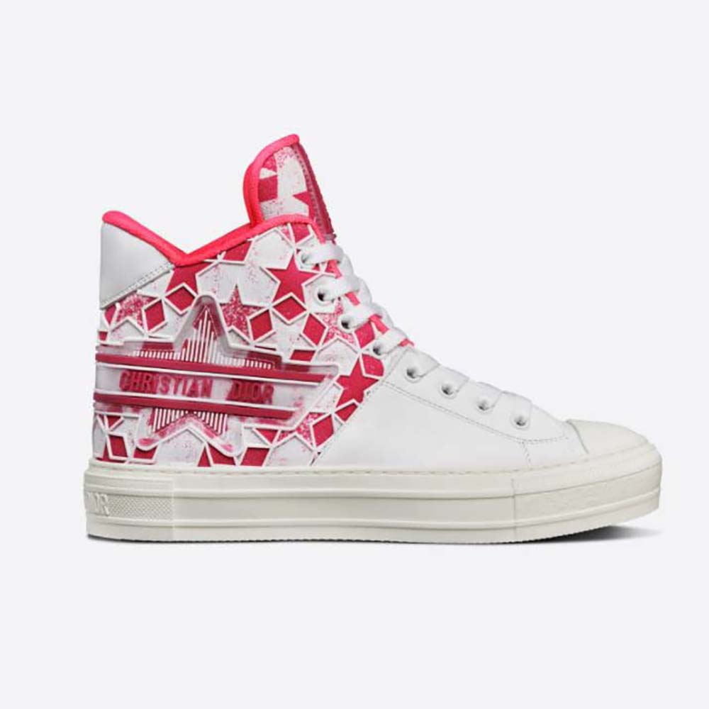 Side view of Dior Unisex Walk N Dior Star Sneaker bright pink and white