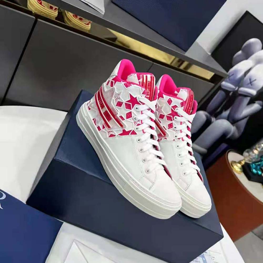 Top angle showing calfskin and technical fabric on Dior Walk N Dior Star Sneaker