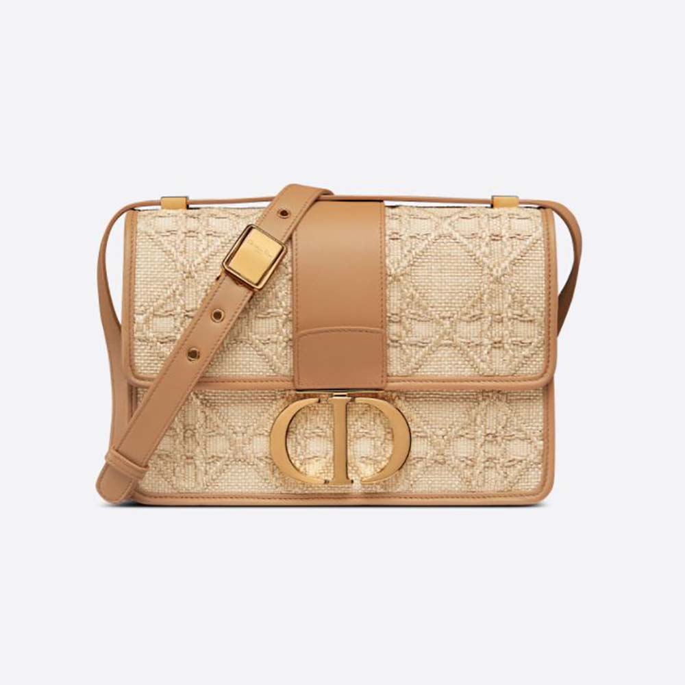 Front view of Dior Women 30 Montaigne Bag Natural Cannage Raffia with gold clasp