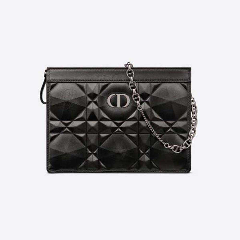 Front view of Dior Women Caro Zipped Pouch with Chain in black calfskin