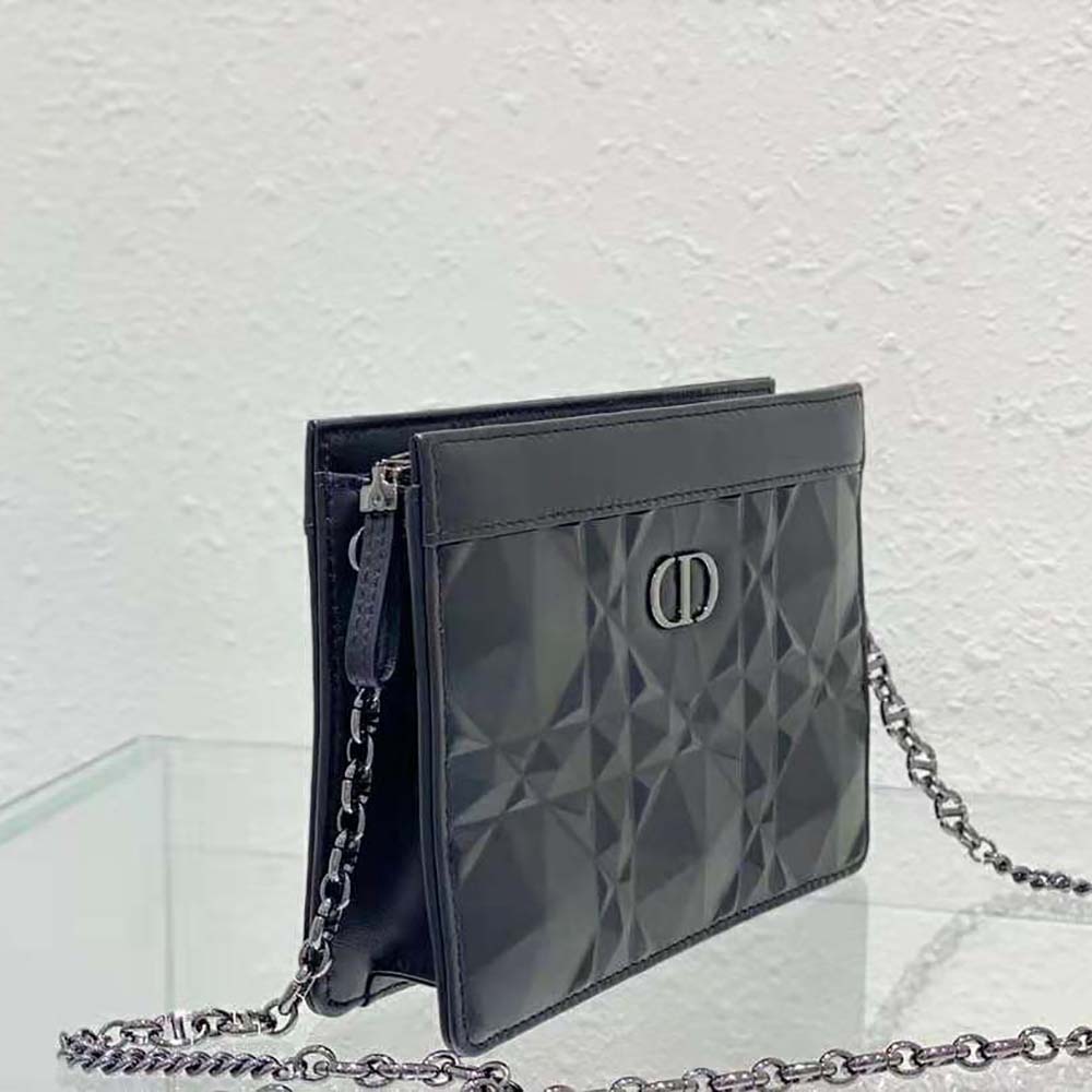 Dior Women Caro Zipped Pouch with Chain Black Macrocannage Calfskin with Diamond Motif - image 5