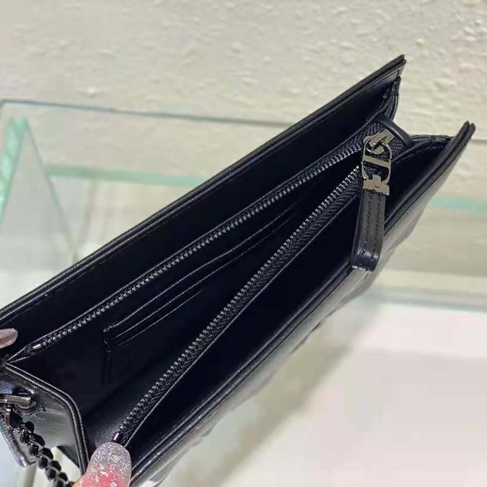 Dior Women Caro Zipped Pouch with Chain Black Macrocannage Calfskin with Diamond Motif - image 8