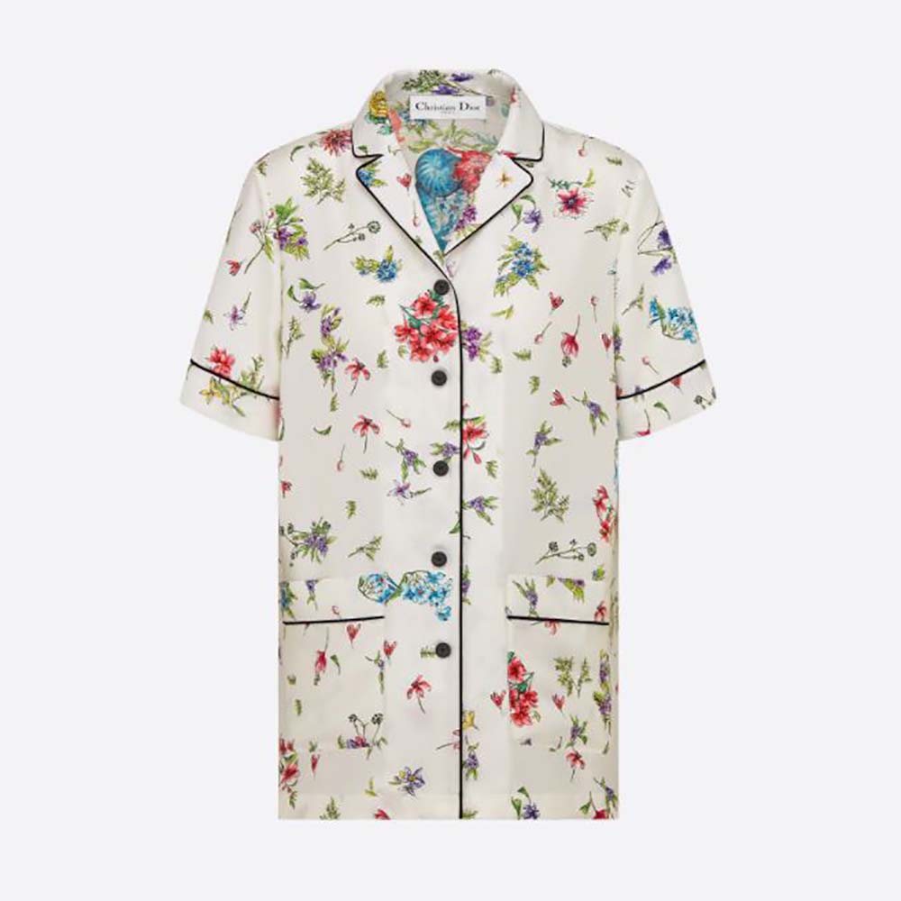 Dior Women Chez Moi Short-Sleeved Shirt White Silk Twill with Multicolor D-Const