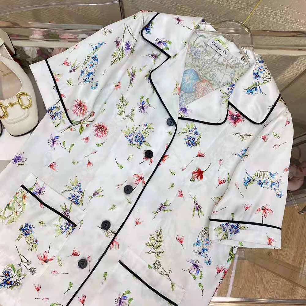 Dior Women Chez Moi Short-Sleeved Shirt White Silk Twill with Multicolor D-Constellation Motif - image 4