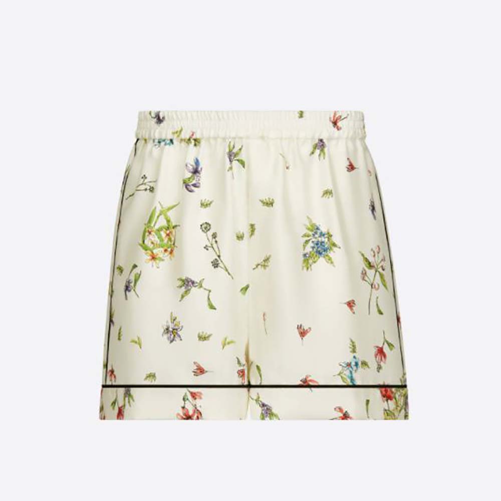 Front view of Dior Women Chez Moi Shorts White Silk Twill with multicolor motif