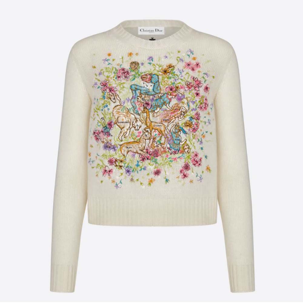 Front view of Dior Women Chez Moi Sweater Ecru Cashmere Intarsia Knit