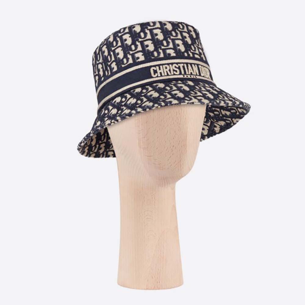 Front view of Dior Women D-Oblique Small Brim Bucket Hat Navy Blue Cotton