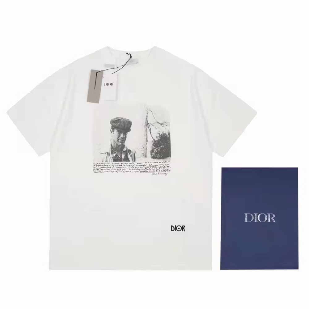 Close-up of Dior and Jack Kerouac signature print on white T-shirt