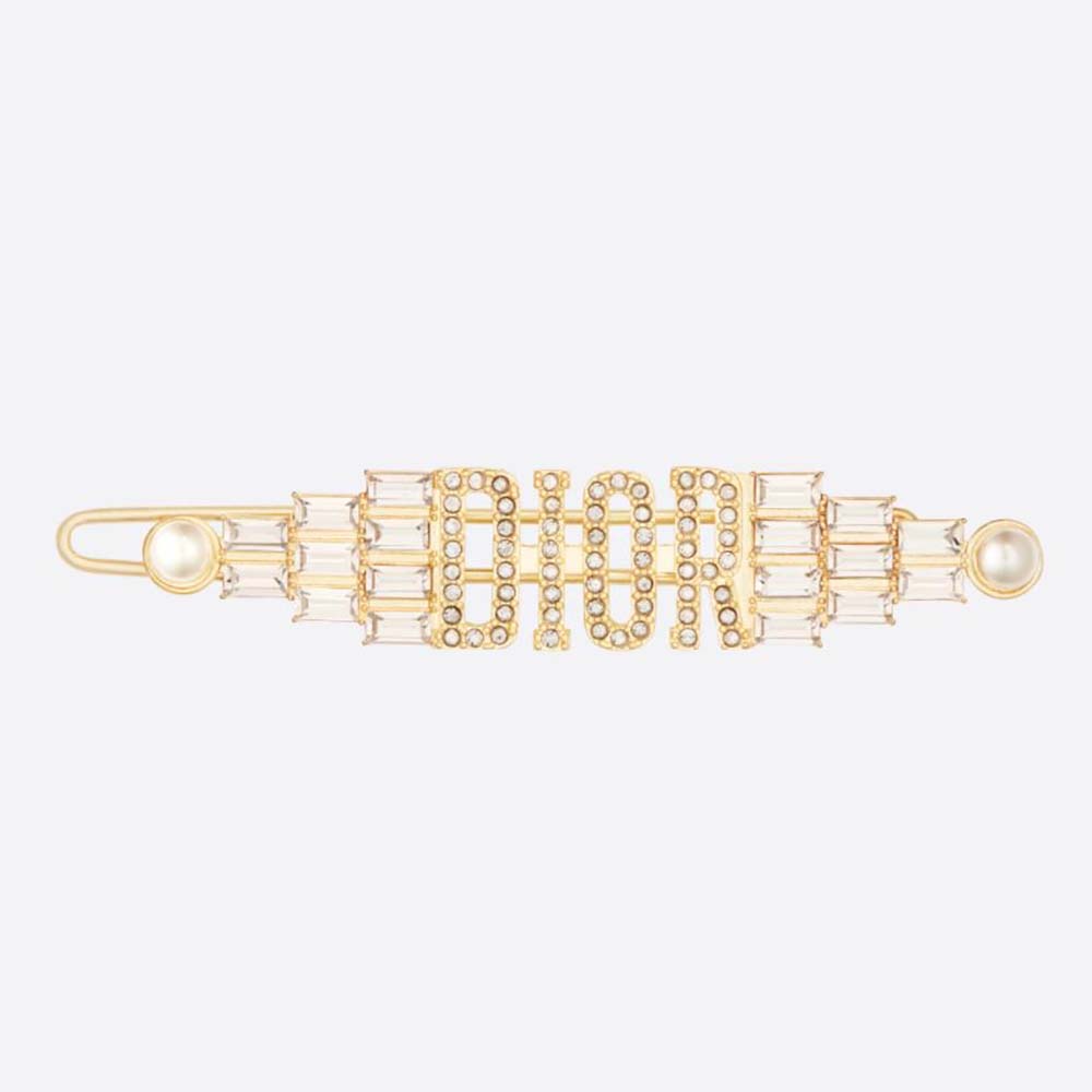 Close-up of Dior Women Dio(r)evolution Barrette gold finish and crystals