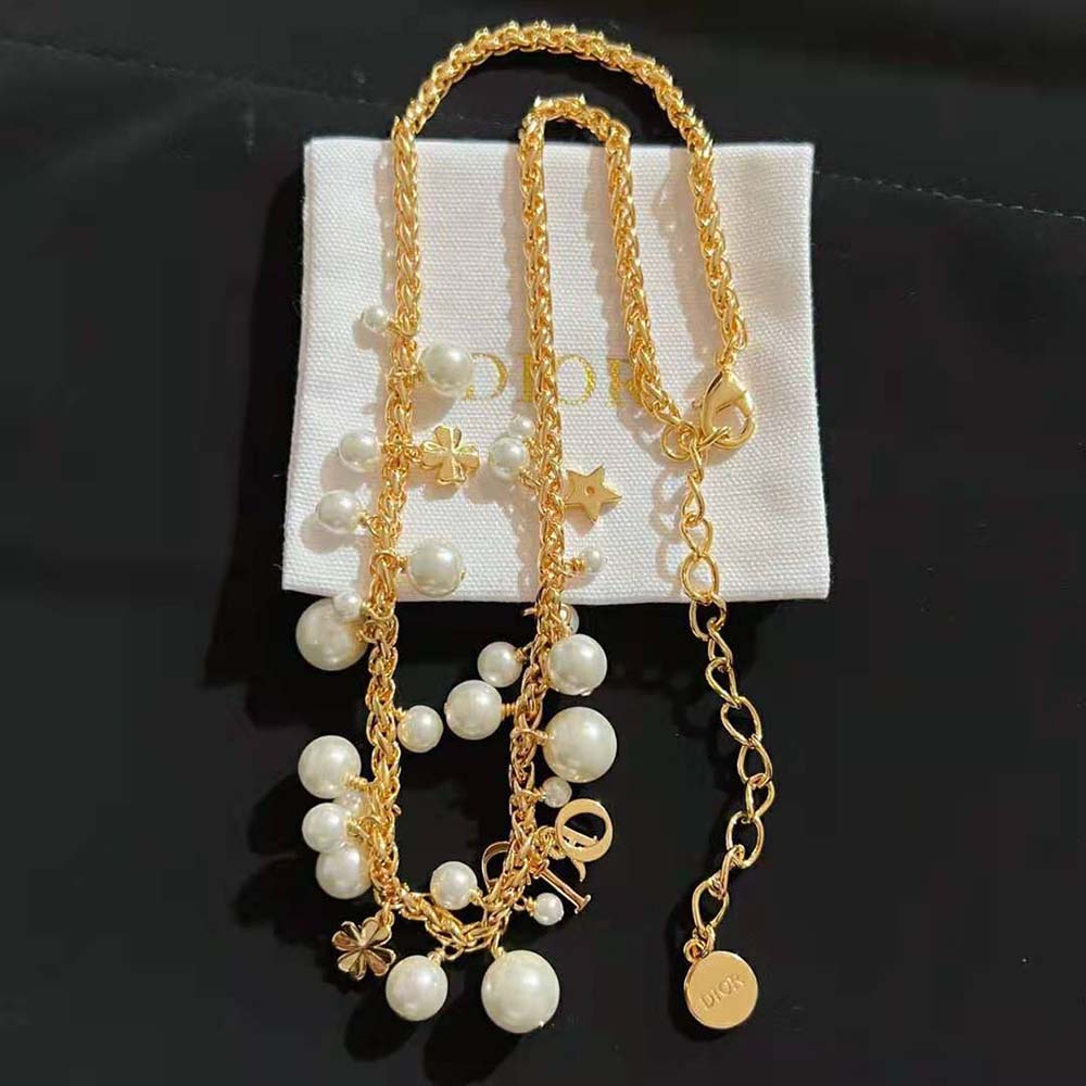 Full view of Dior Women Dio(r)evolution Necklace showcasing gold and pearl accents