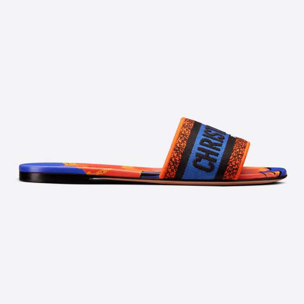 Front angle of Dior Women Dway Slide Blue Multicolor embroidery detail