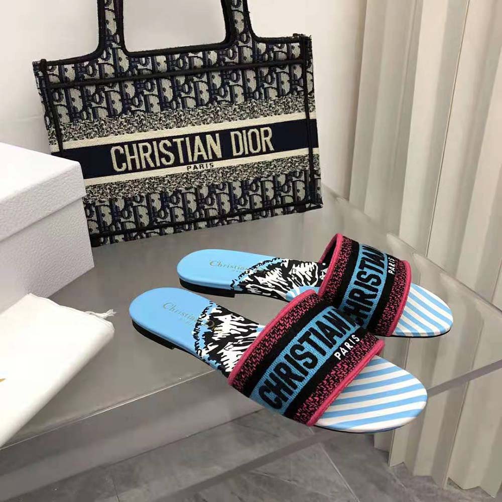 Dior Women Dway Slide Blue Multicolor D-Jungle Pop Embroidered Cotton - image 7