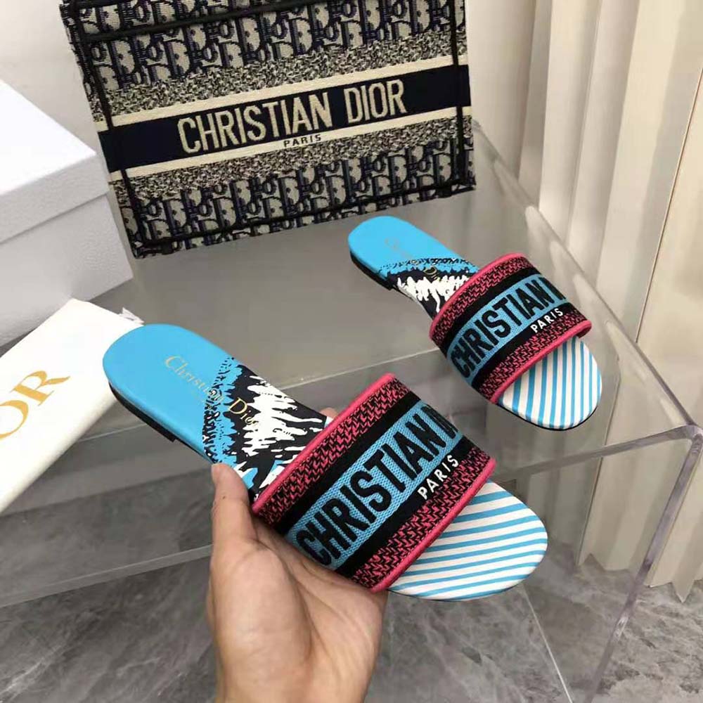Dior Women Dway Slide Blue Multicolor D-Jungle Pop Embroidered Cotton - image 6