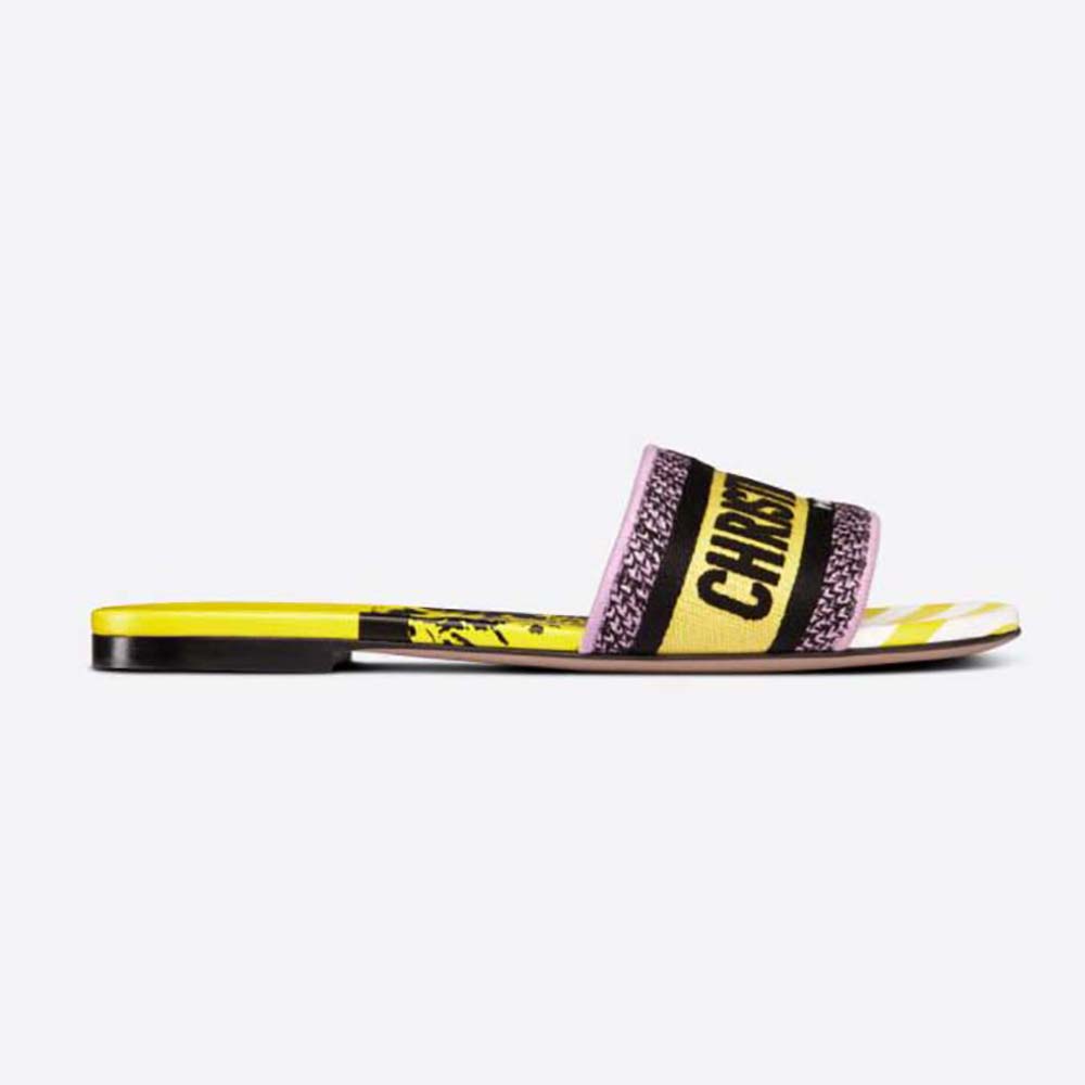 Side view of Dior Women Dway Slide Bright Yellow and Pink D-Jungle Pop Cotton Embroidery
