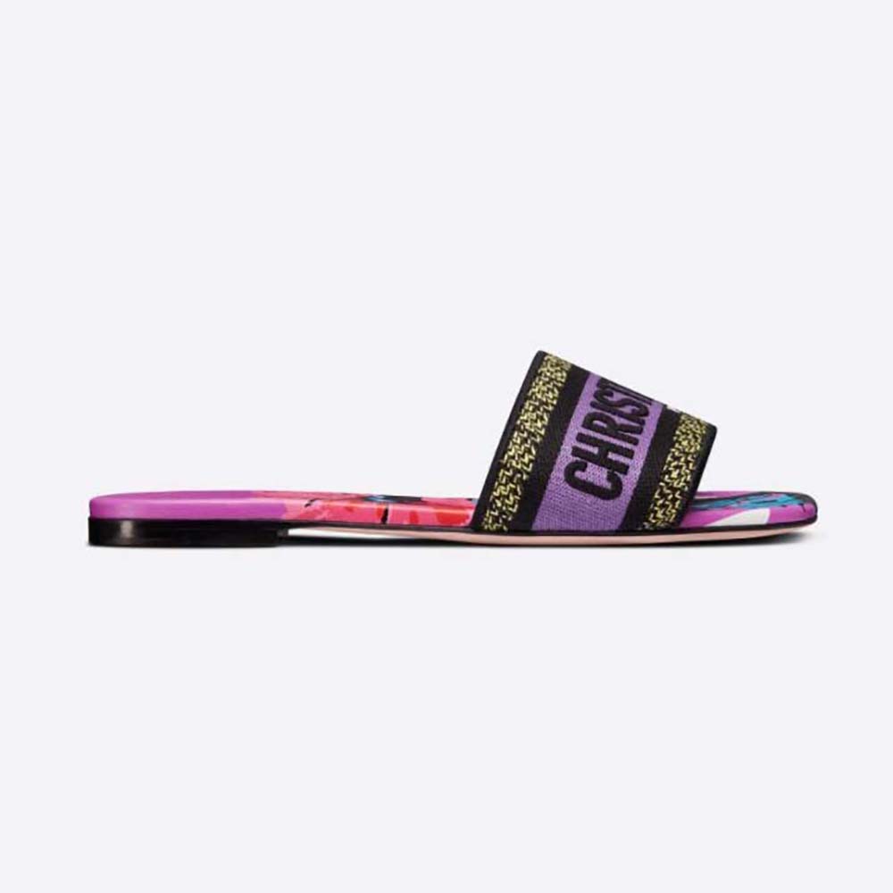 Side view of Dior Women Dway Slide Purple Multicolor D-Flower Pop Cotton Embroidery