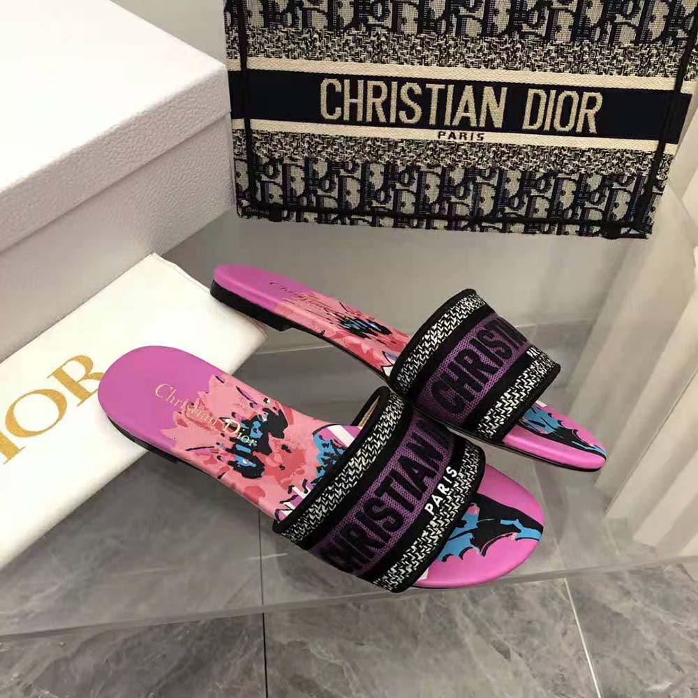 Close-up of multicolor floral embroidery on Dior Women Dway Slide sandal