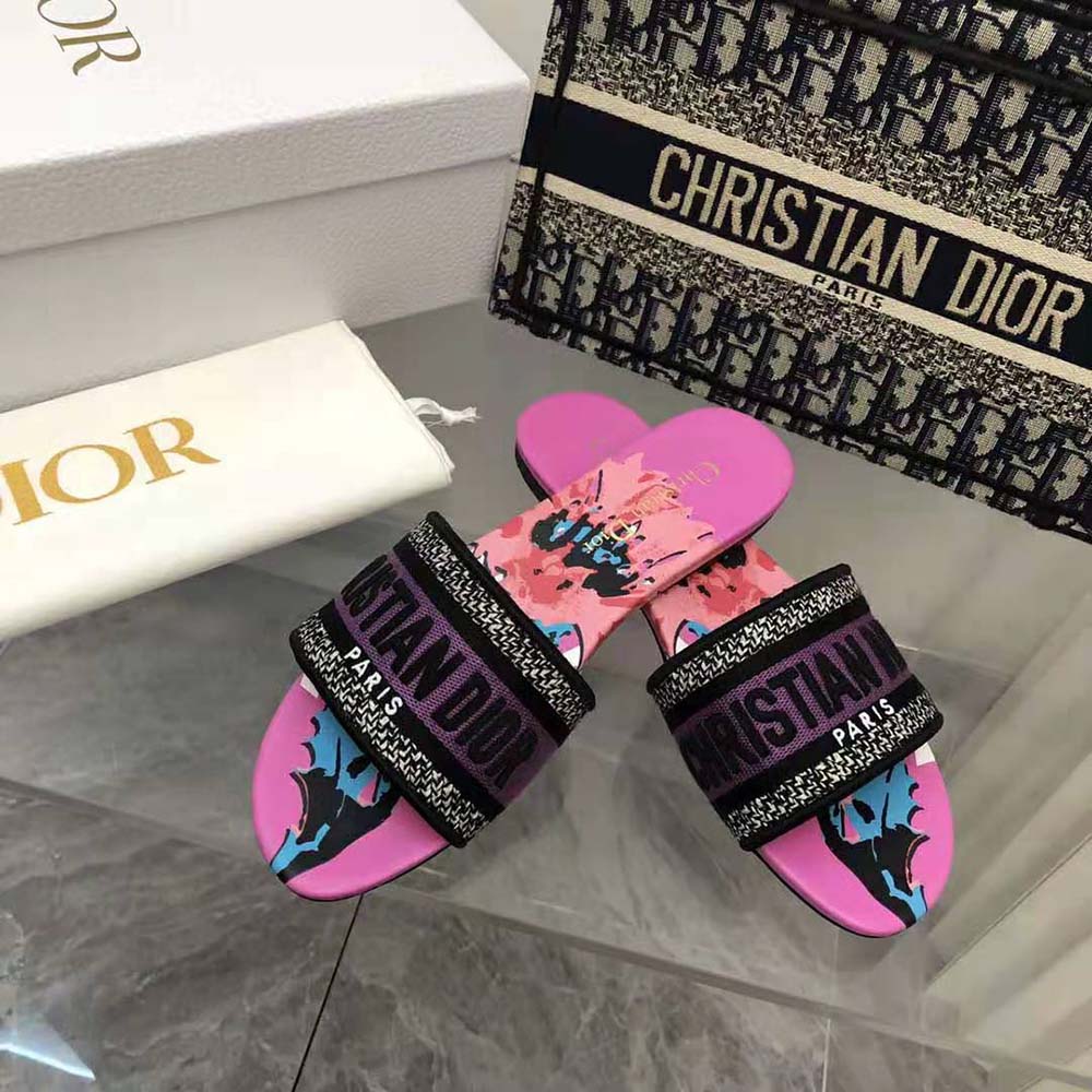 Top angle showing rose cotton upper and open slide design of Dior Women Dway Slide