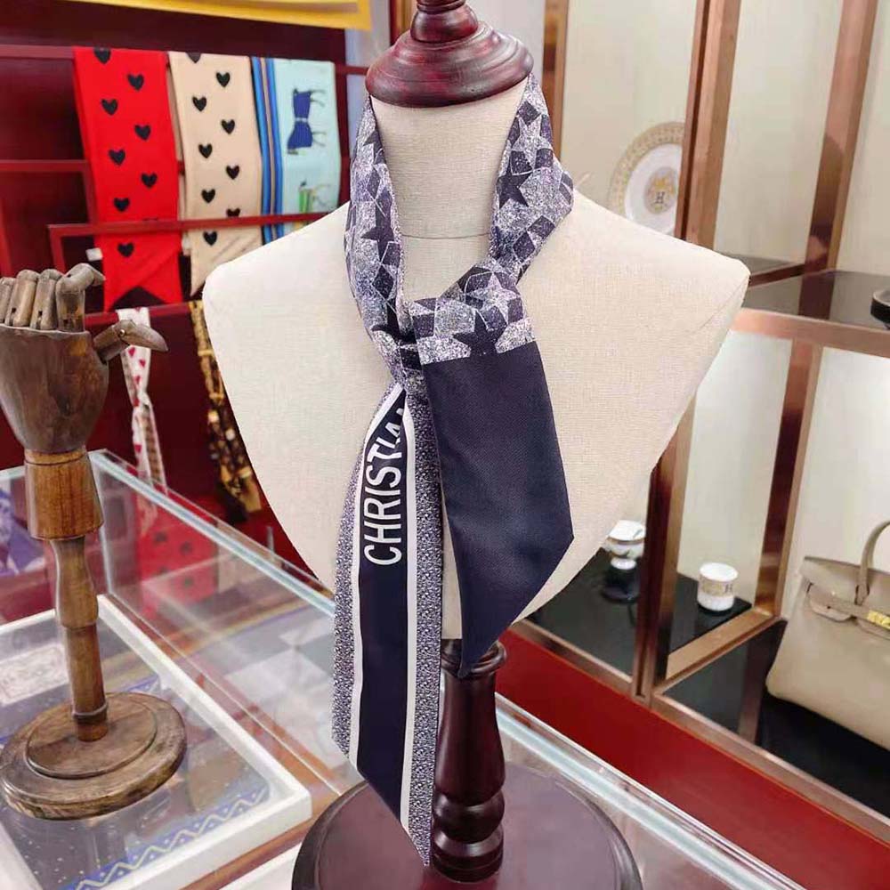 Styled neck knot detail on Dior Women Etoile Mitzah Scarf Blue Silk Twill