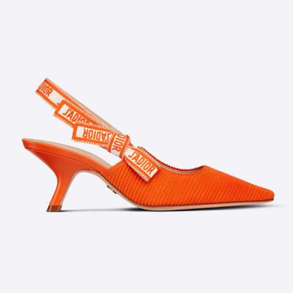 Side view of Dior Women J Adior Slingback Pump Bright Orange Cotton Embroidery