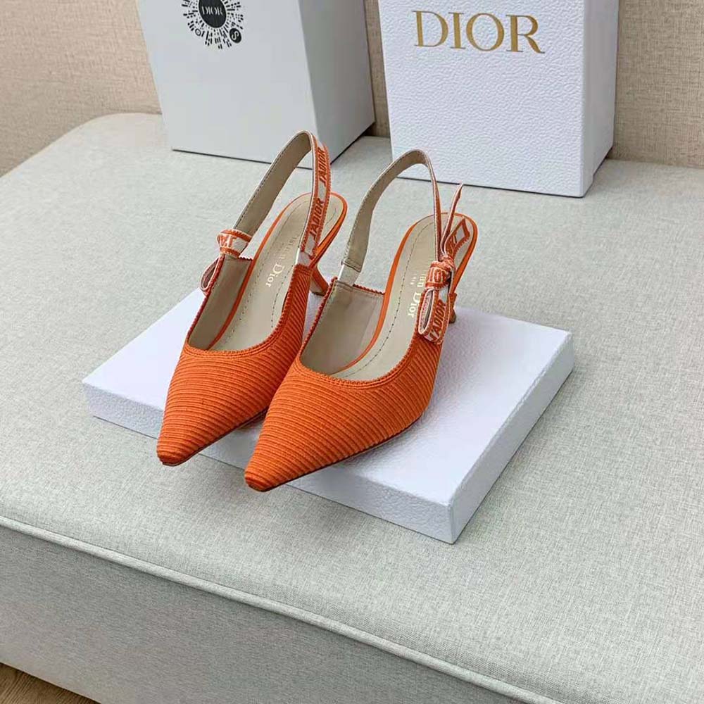 Rear angle showing slingback strap and heel of Dior J Adior pump
