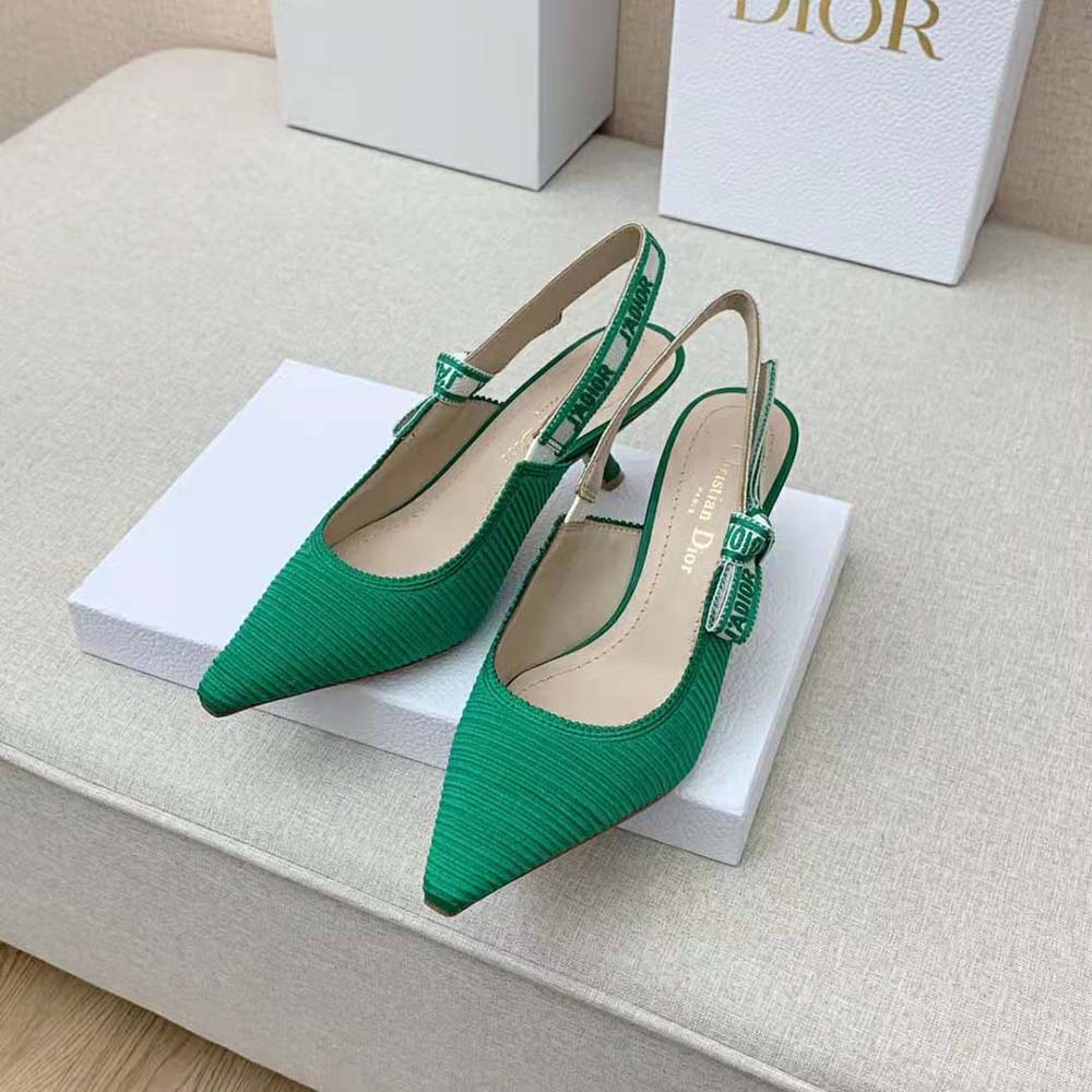 Close-up of green cotton embroidery on Dior Women J Adior Slingback Pump