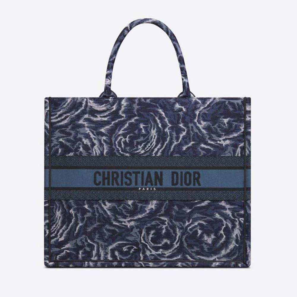 Front view of Dior Women Large Dior Book Tote Blue Dior Roses Embroidery