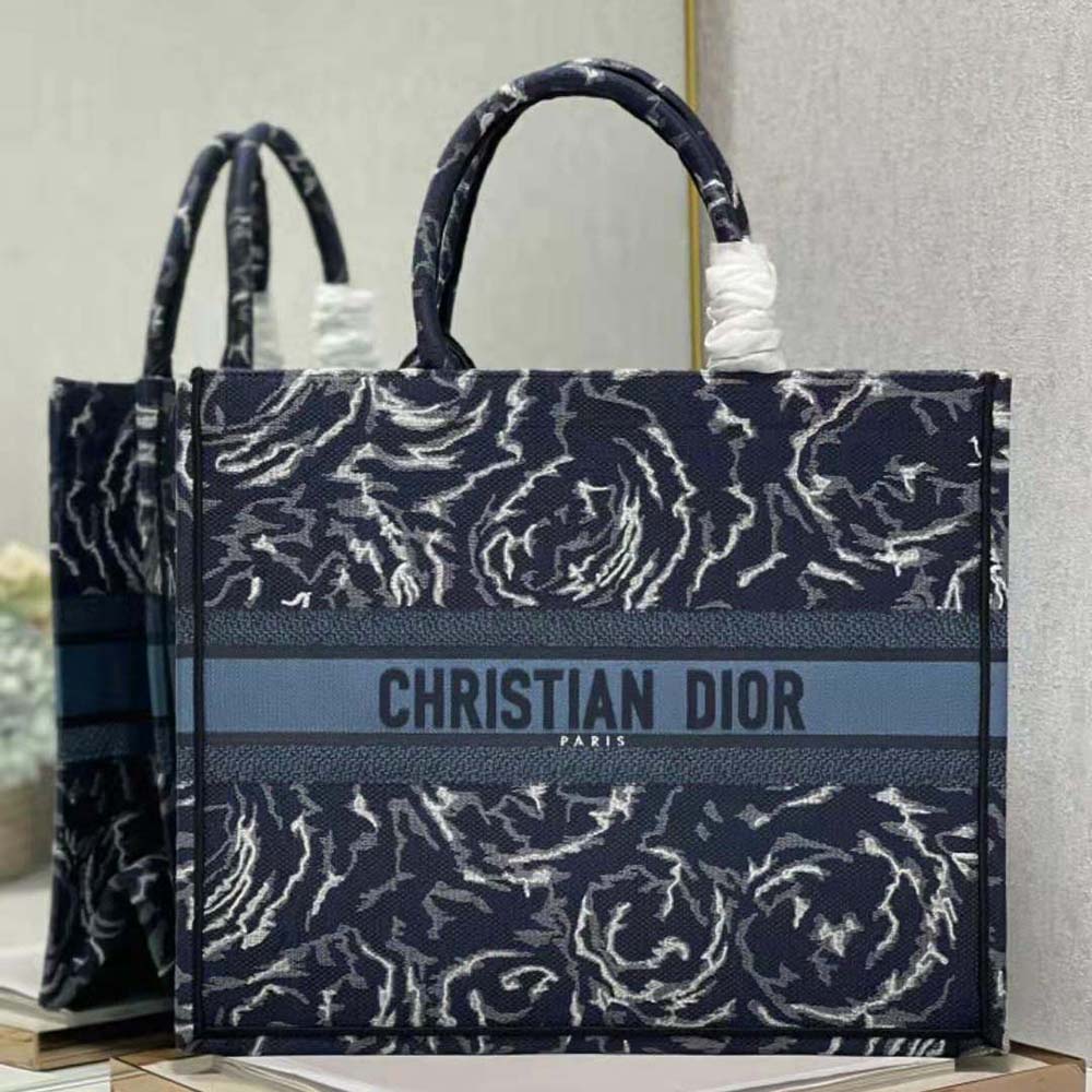Close-up of blue rose embroidery on Dior Women Large Dior Book Tote