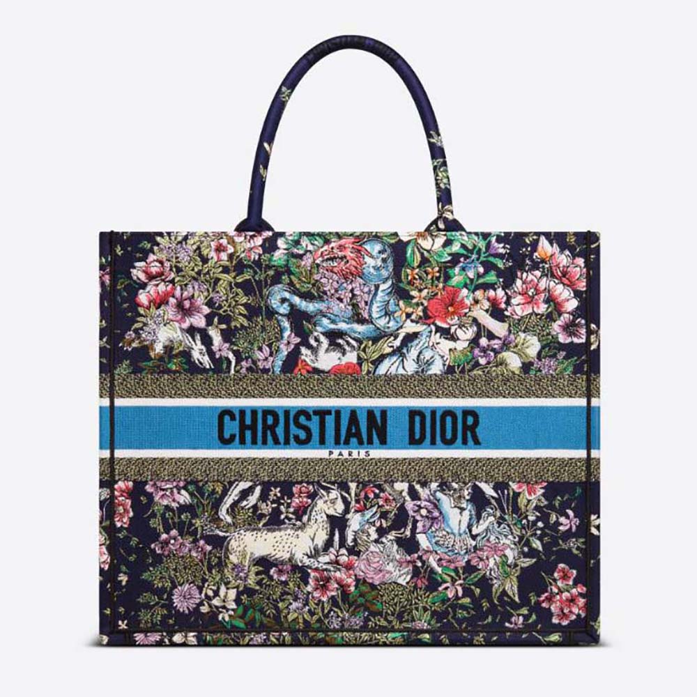 Front view of Dior Women Large Dior Book Tote Blue Multicolor D-Constellation Embroidery