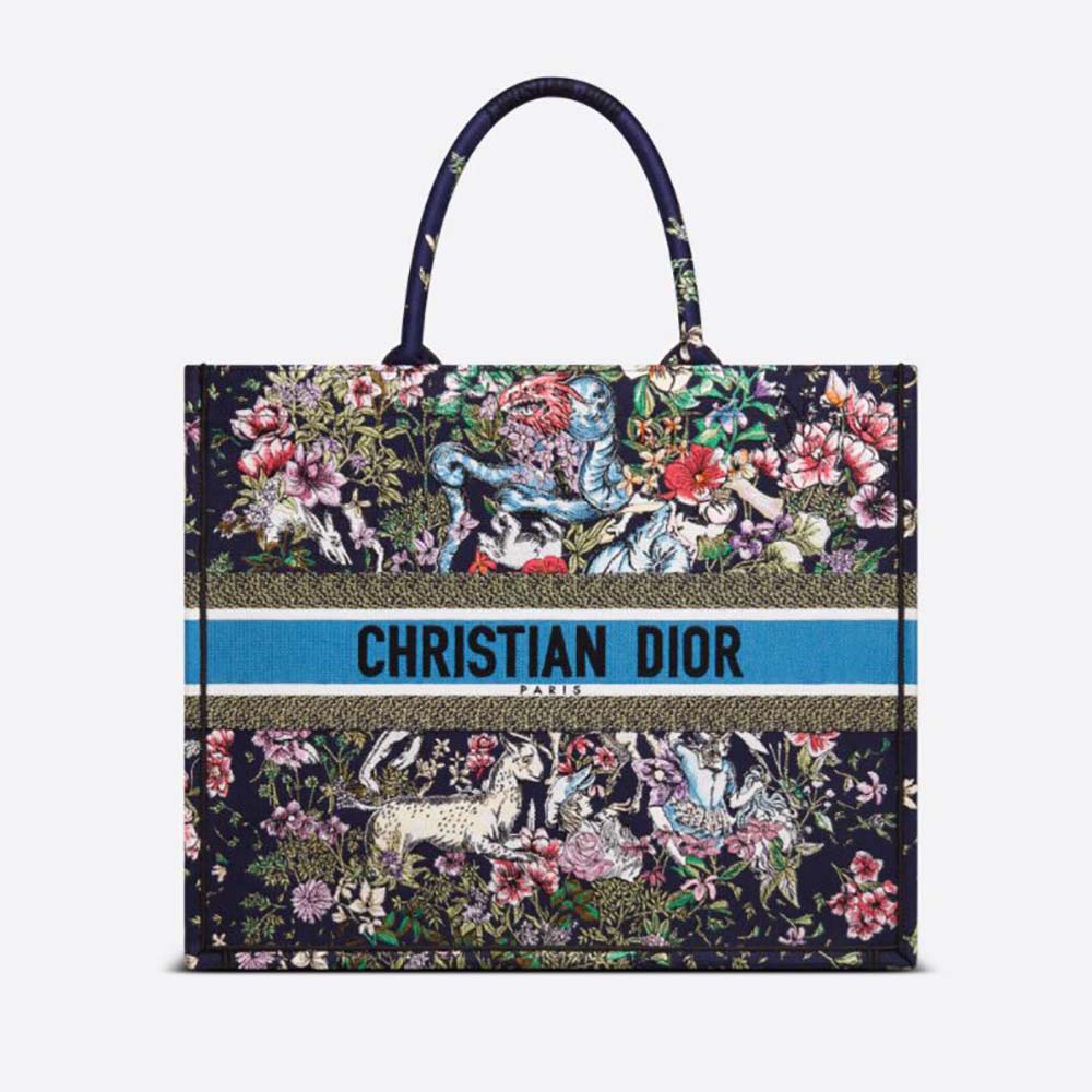Front angle of Dior Women Large Dior Book Tote Blue Multicolor embroidery