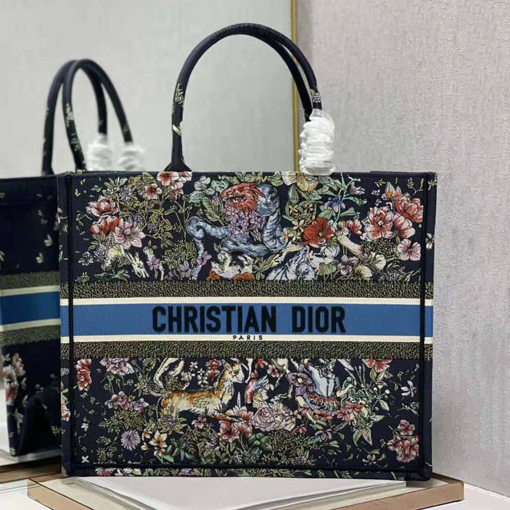Close-up detail of multicolor D-Constellation embroidery on Dior Women Large Dior Book Tote