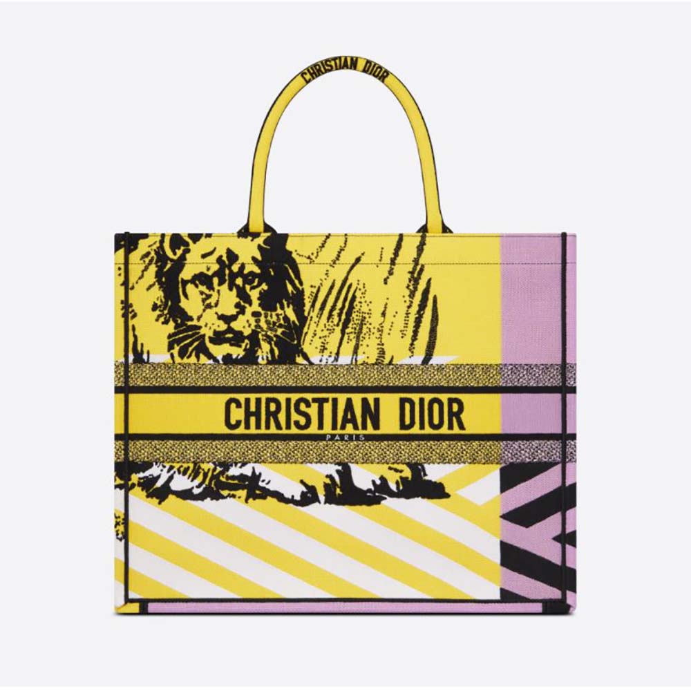 Front view of Dior Women Large Dior Book Tote bright yellow embroidery