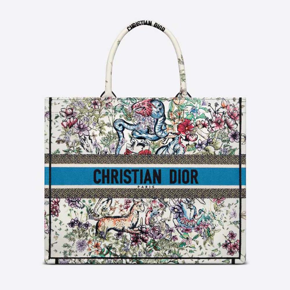 Front view of Dior Women Large Dior Book Tote Latte Multicolor D-Constellation Embroidery