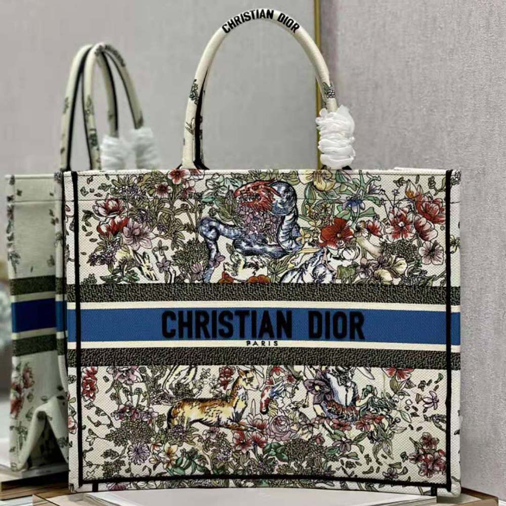 Close-up of multicolor D-Constellation embroidery detail on Dior Large Book Tote