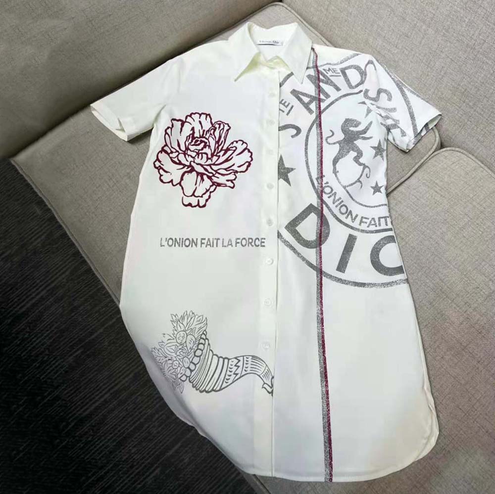 Dior Women Long Blouse Ecru Cotton Poplin and Silk with Dior Union Motif - image 4