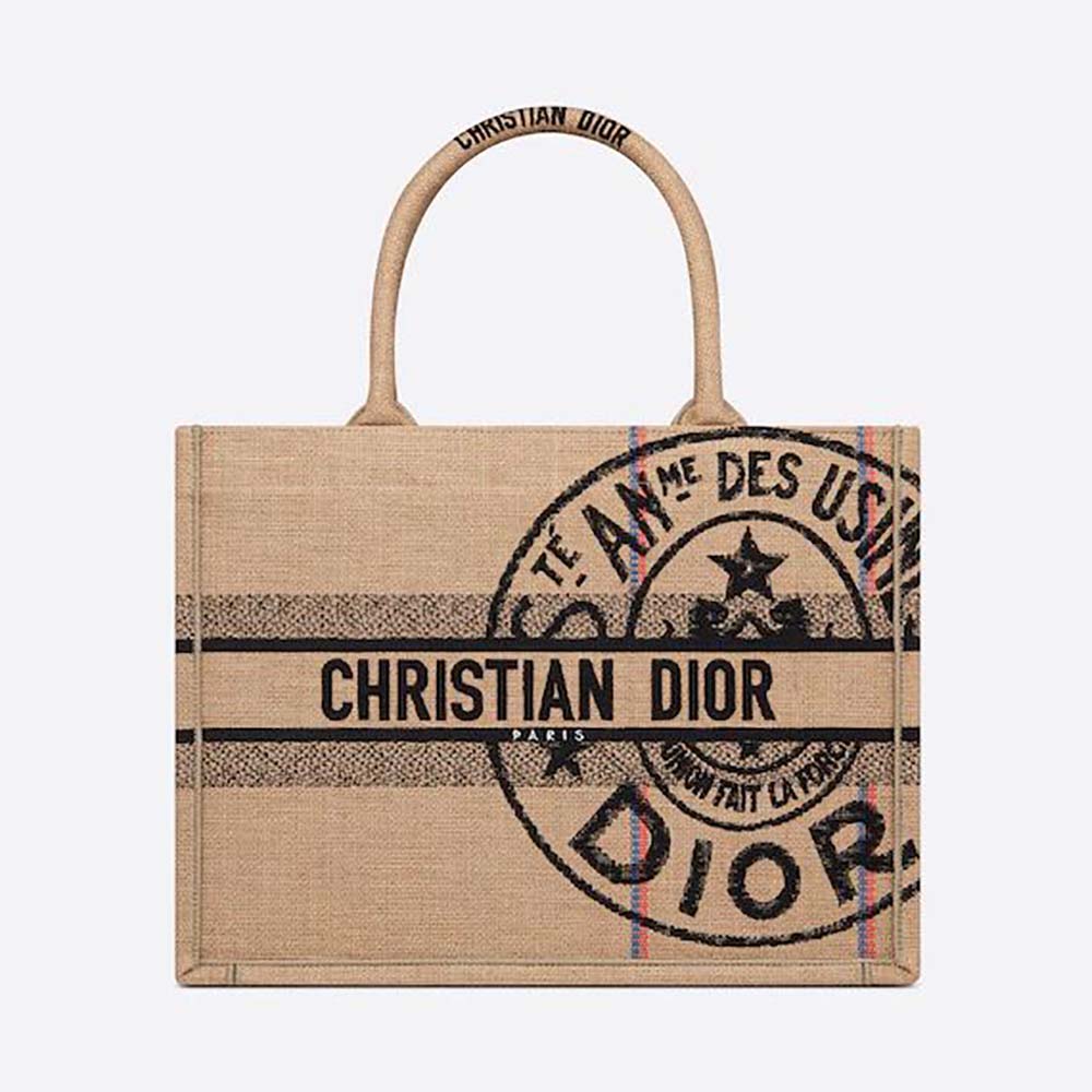 Front view of Dior Women Medium Dior Book Tote Beige Jute Canvas Embroidered with Dior Union Motif