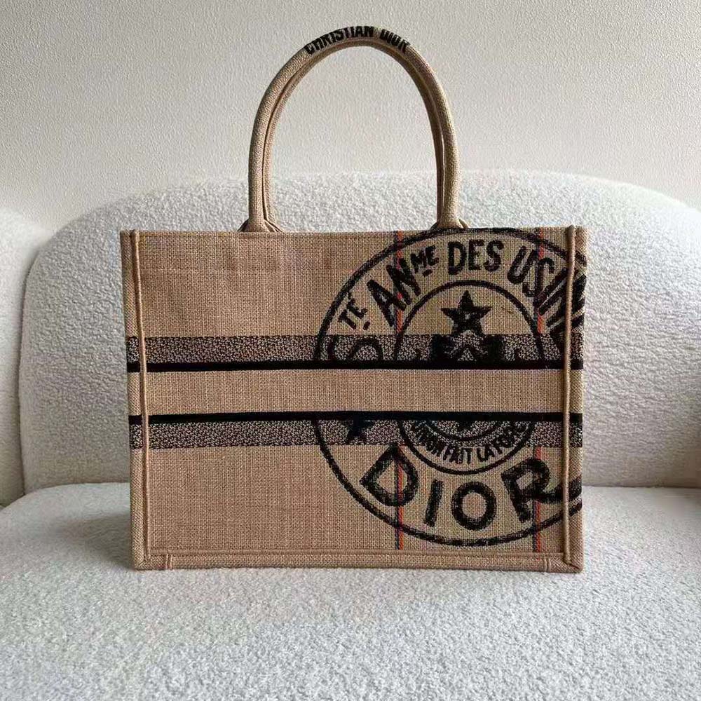 Side angle showing structure of Dior Women Medium Dior Book Tote Beige Jute Canvas