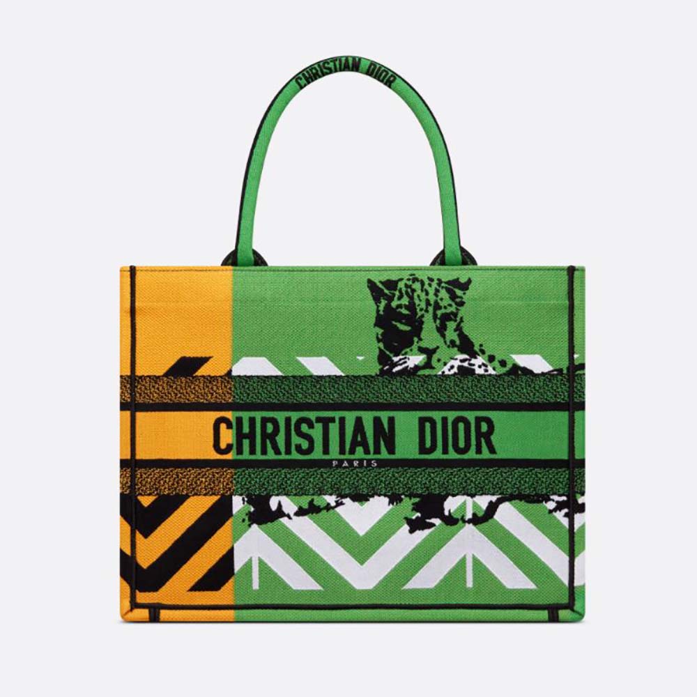 Front view of Dior Women Medium Dior Book Tote Bright Green and Orange D-Jungle Pop Embroidery