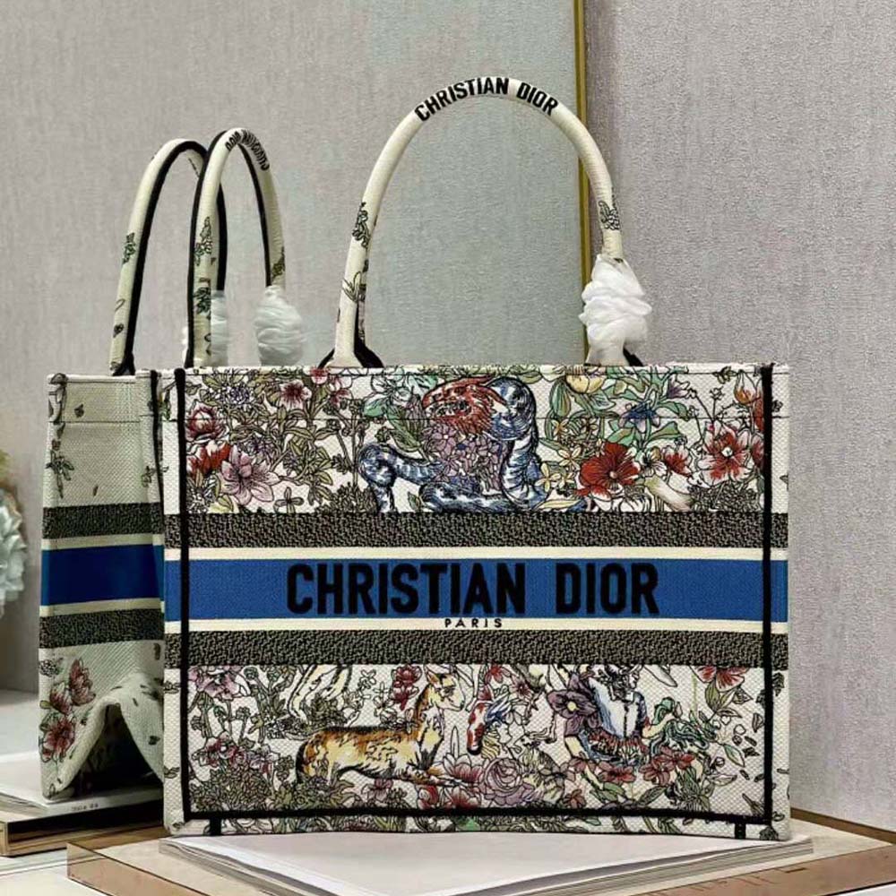 Side angle showing silver-tone hardware on Dior Women Medium Dior Book Tote