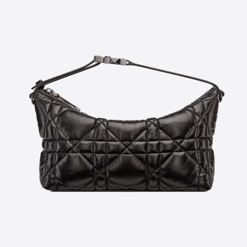 Front view of Dior Women Medium Diortravel Nomad Pouch Black Macrocannage Calfskin