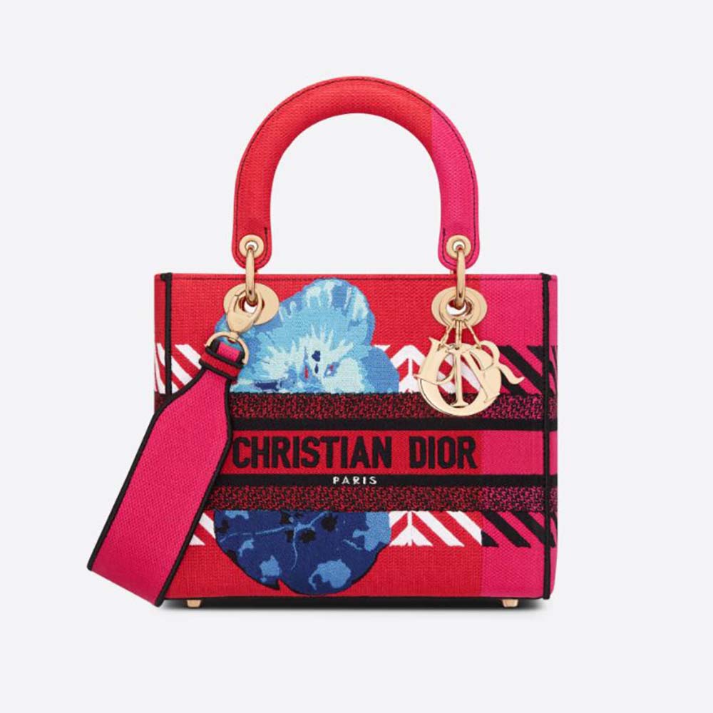 Front view of Dior Women Medium Lady D-lite Bag Bright Pink Multicolor D-Flower Pop Embroidery
