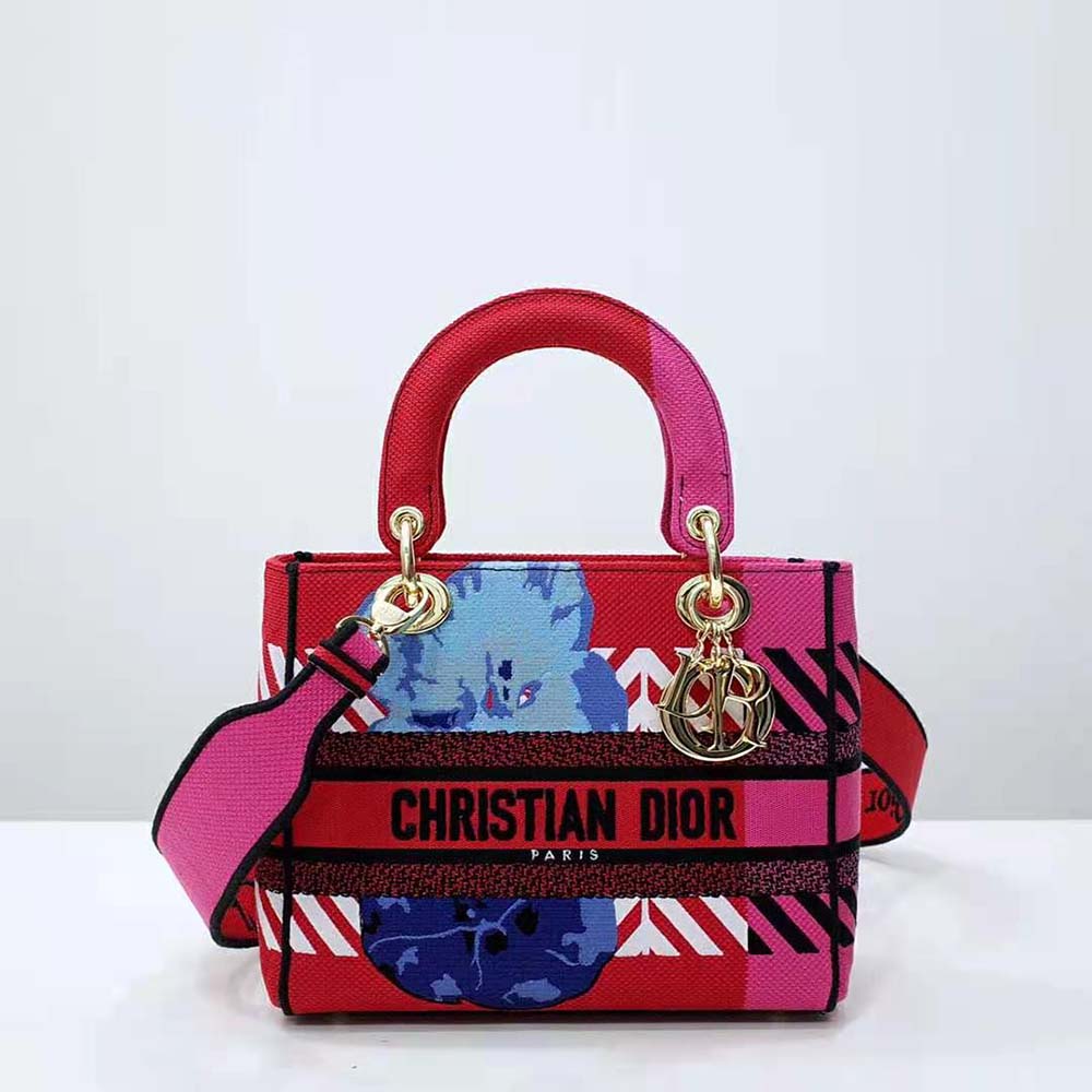 Close-up of vibrant floral embroidery on Dior Women Medium Lady D-lite Bag