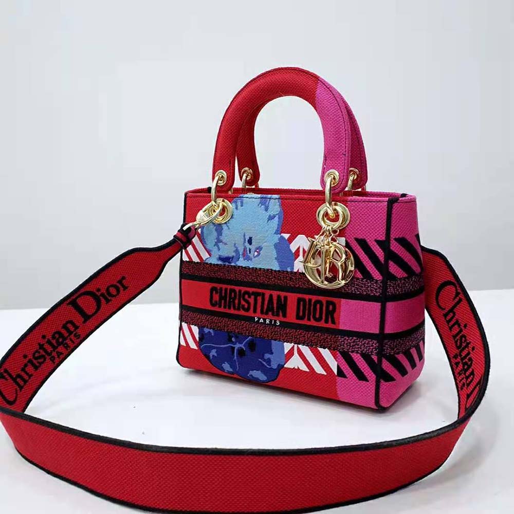 Dior Women Medium Lady D-lite Bag Bright Pink Multicolor D-Flower Pop Embroidery - image 4
