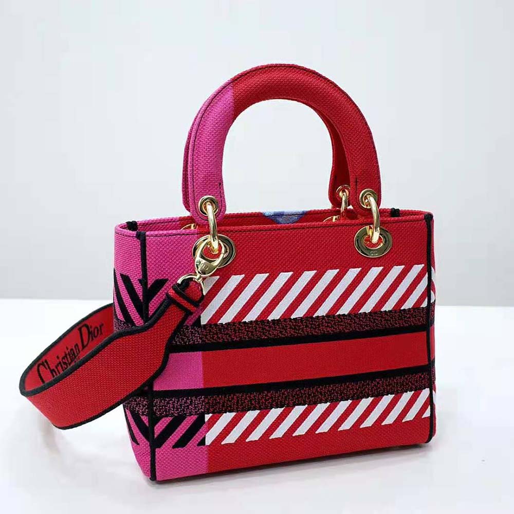 Dior Women Medium Lady D-lite Bag Bright Pink Multicolor D-Flower Pop Embroidery - image 5