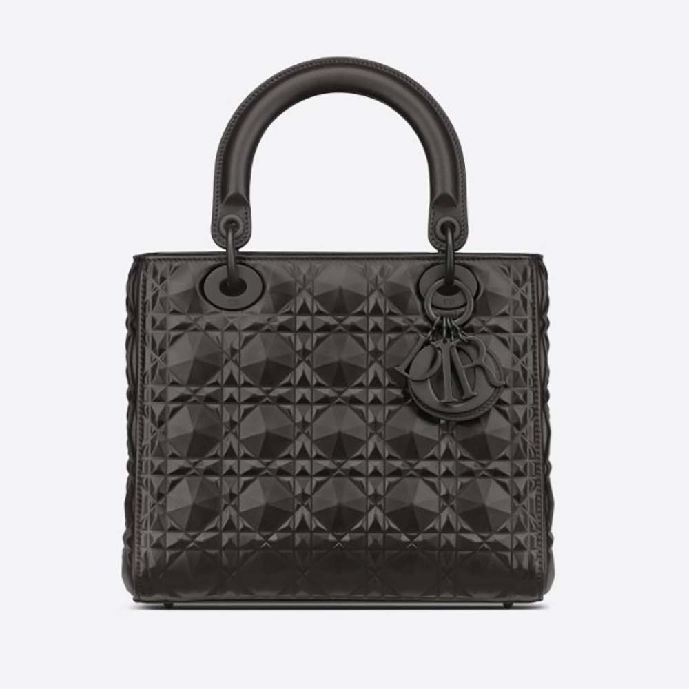 Front view of Dior Women Medium Lady Dior Bag Black Cannage Calfskin with Diamond Motif