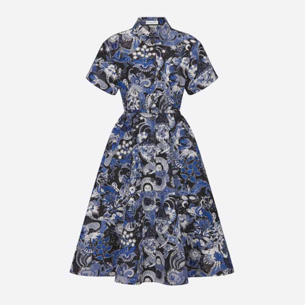Front view of Dior Women Mid-Length Belted Dress Blue Dior Zodiac Fantastico Cotton Poplin