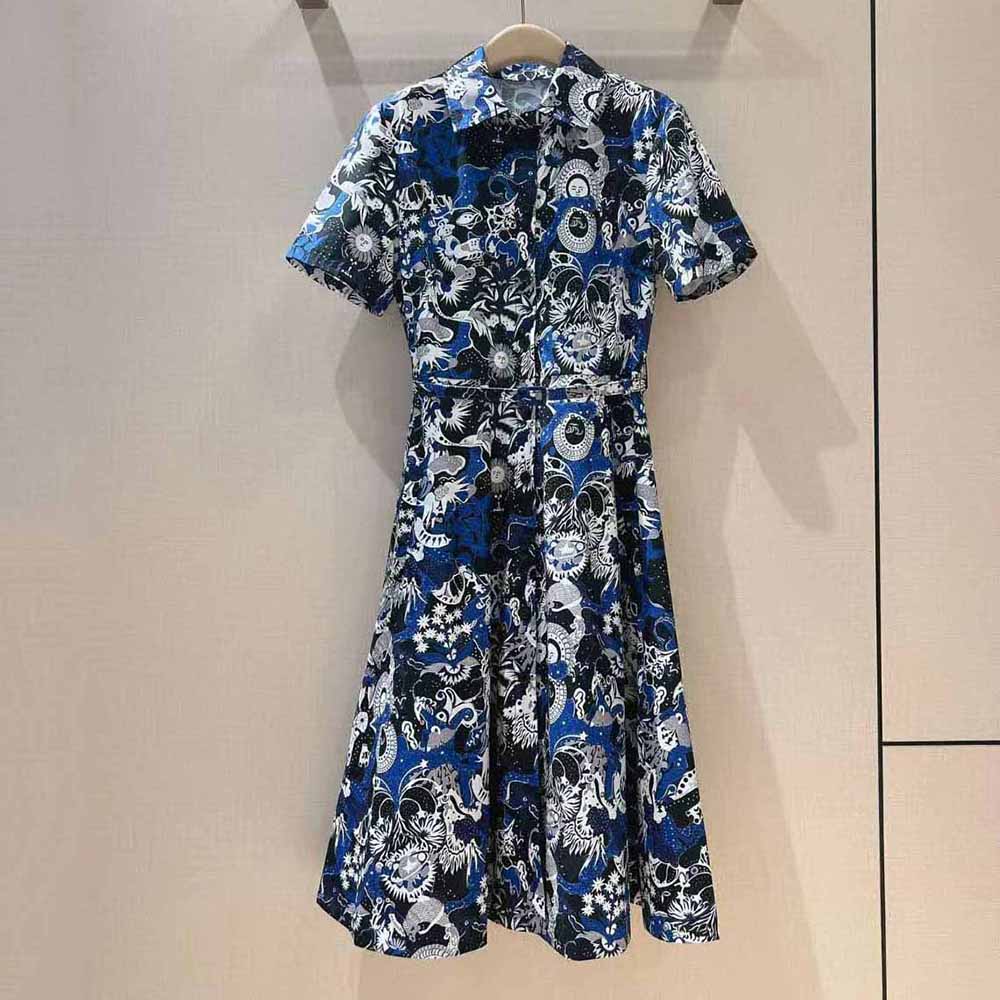 Close-up of belt and Zodiac print on Dior Women Mid-Length Belted Dress Blue Dior Zodiac Fantastico Cotton Poplin