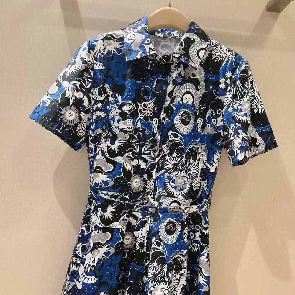 Dior Women Mid-Length Belted Dress Blue Dior Zodiac Fantastico Cotton Poplin - image 4