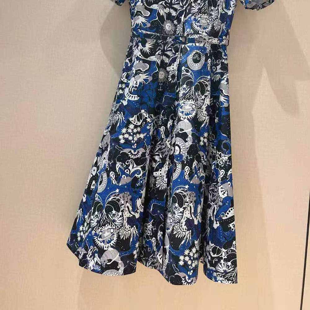 Dior Women Mid-Length Belted Dress Blue Dior Zodiac Fantastico Cotton Poplin - image 7
